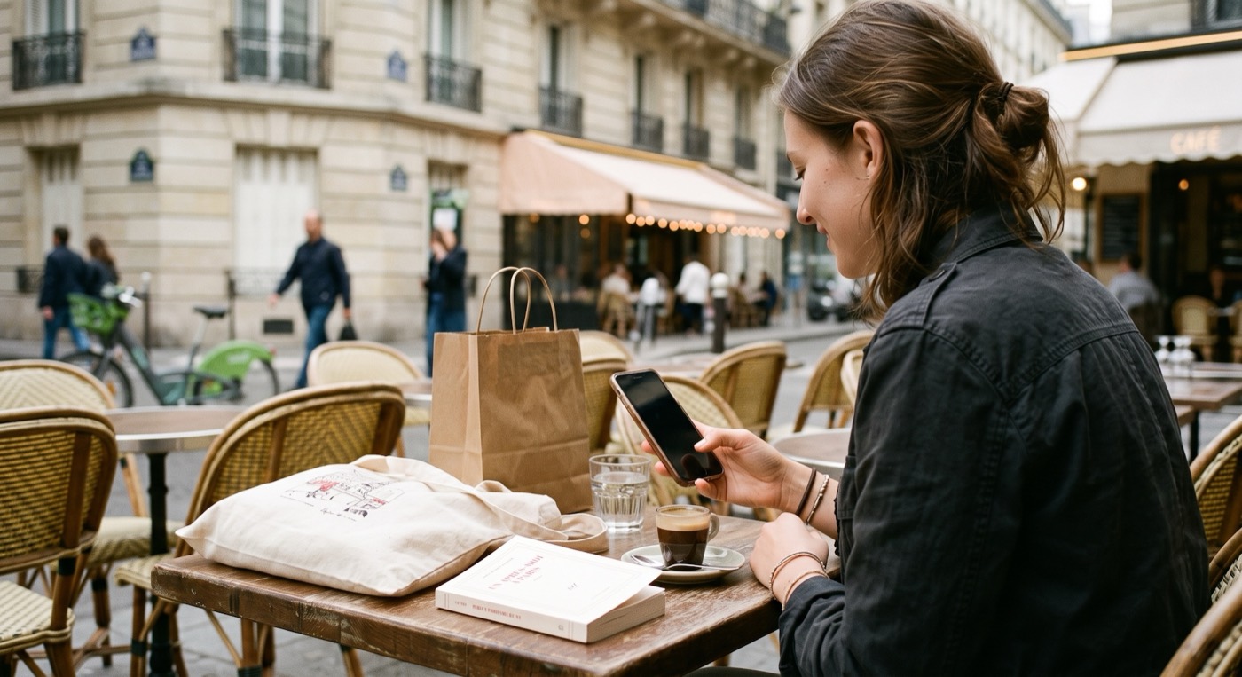Une jeune femme en terrasse de café à Paris consulte son smartphone, un sac de courses posé sur la table
