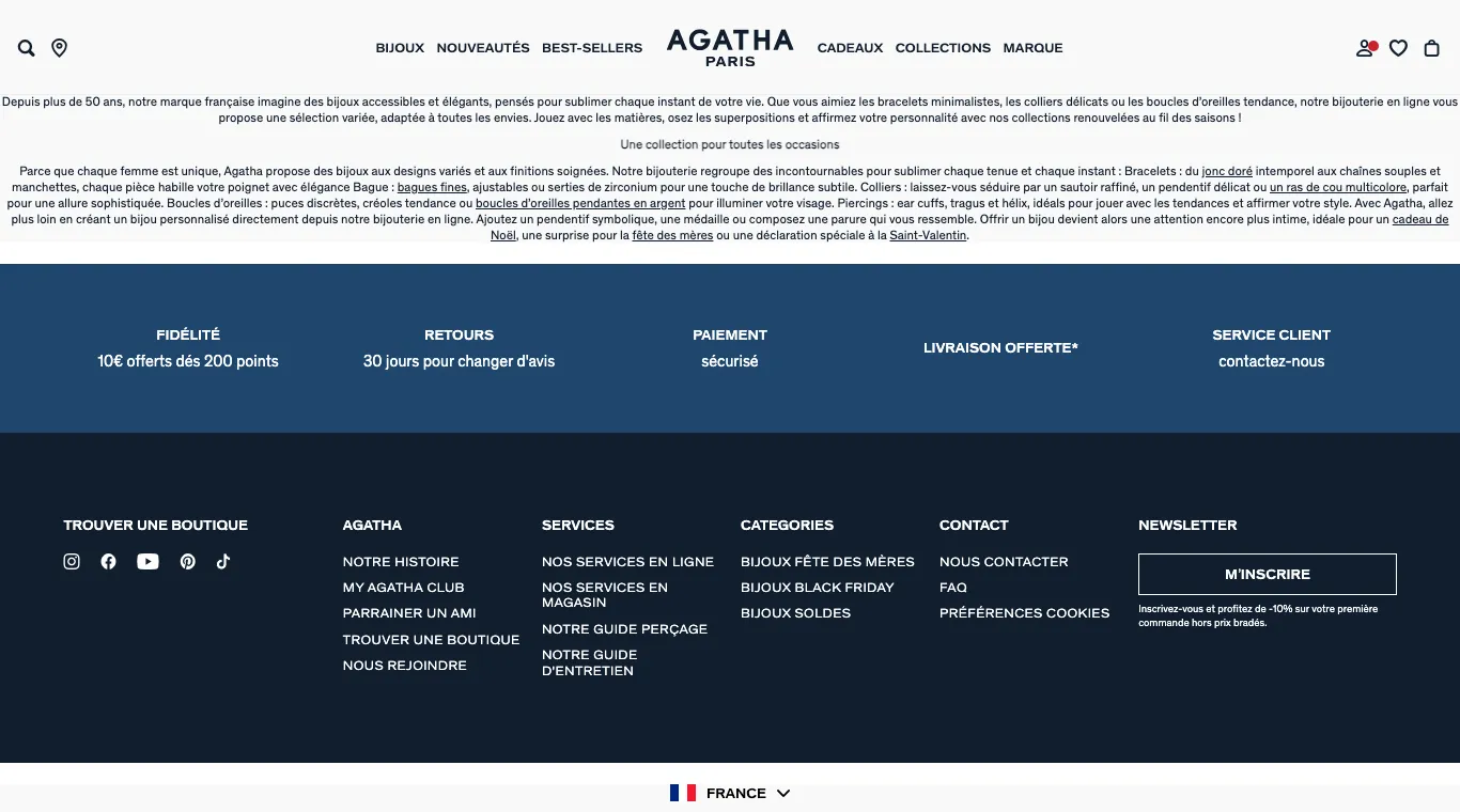 Pied de page du site Agatha avec l'inscription newsletter et la mention de 10 % sur la première commande