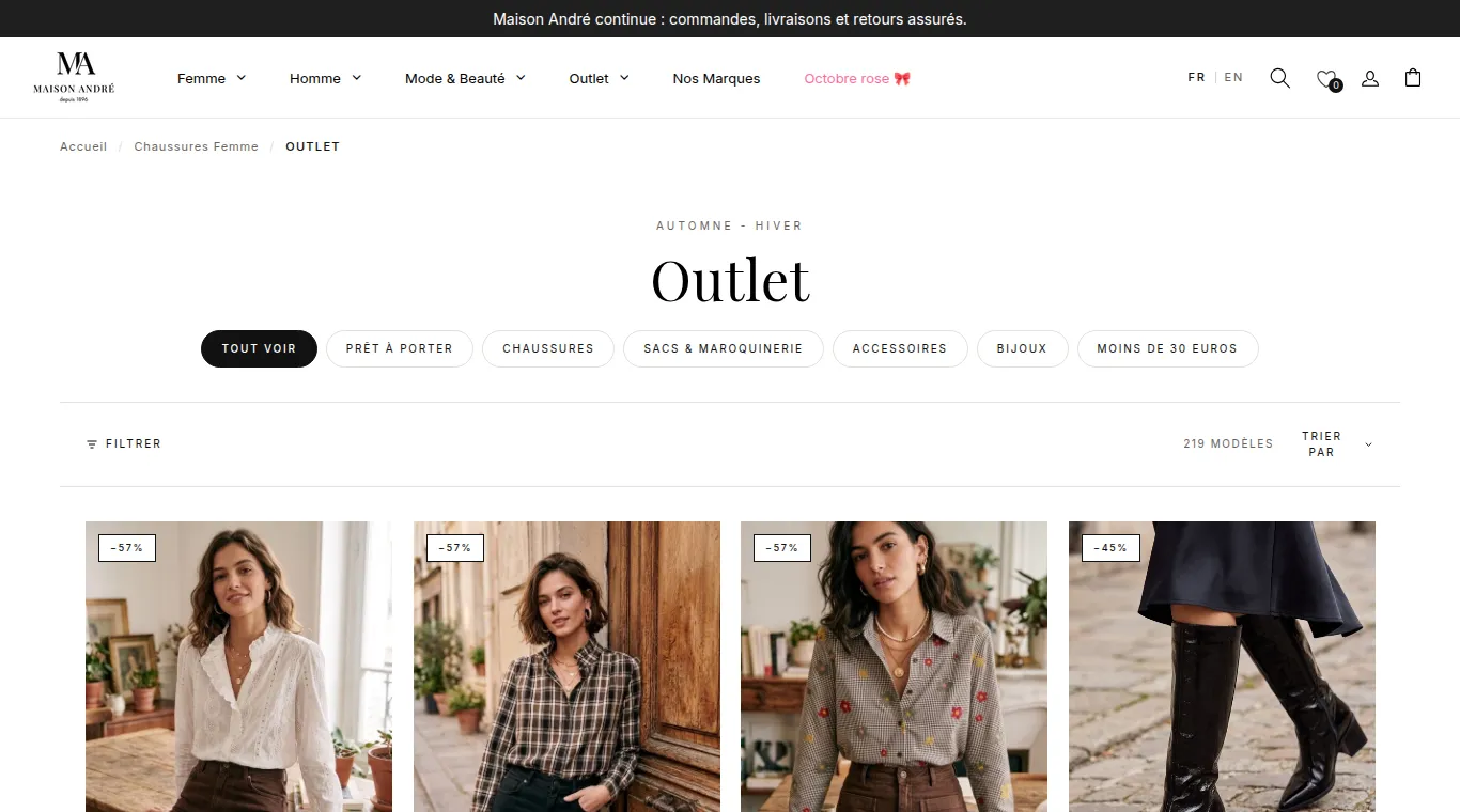 Page Outlet d'André, rayon automne-hiver, avec 219 modèles et des remises de −45 % à −57 % affichées sur les premiers articles.