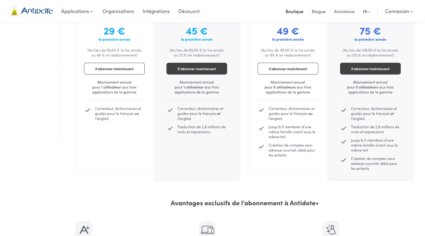 Page de mise à niveau de la boutique Antidote avec les quatre prix Antidote+ de la première année barrés de leur tarif habituel