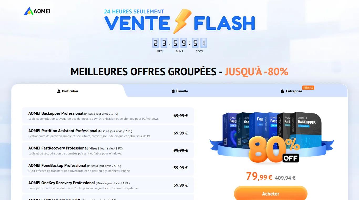 Page Vente flash d'AOMEI avec un compte à rebours de 24 heures et le pack de six logiciels à vie affiché à 79,99 € au lieu de 409,94 €.