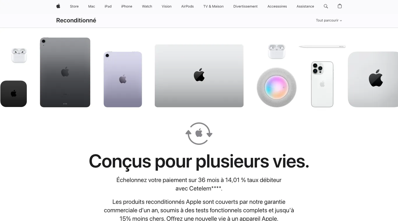 Page Reconditionné d'Apple : produits testés, garantie commerciale d'un an, jusqu'à 15 % moins chers que le neuf
