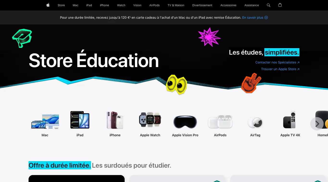 Store Éducation d'Apple : bandeau annonçant jusqu'à 120 € en carte cadeau à l'achat d'un Mac ou d'un iPad avec remise Éducation