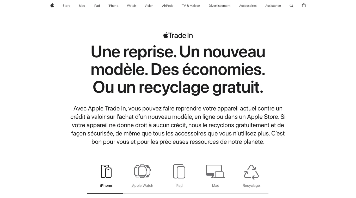 Page Apple Trade In : reprise de l'ancien appareil contre un crédit à valoir sur un nouveau modèle, ou recyclage gratuit