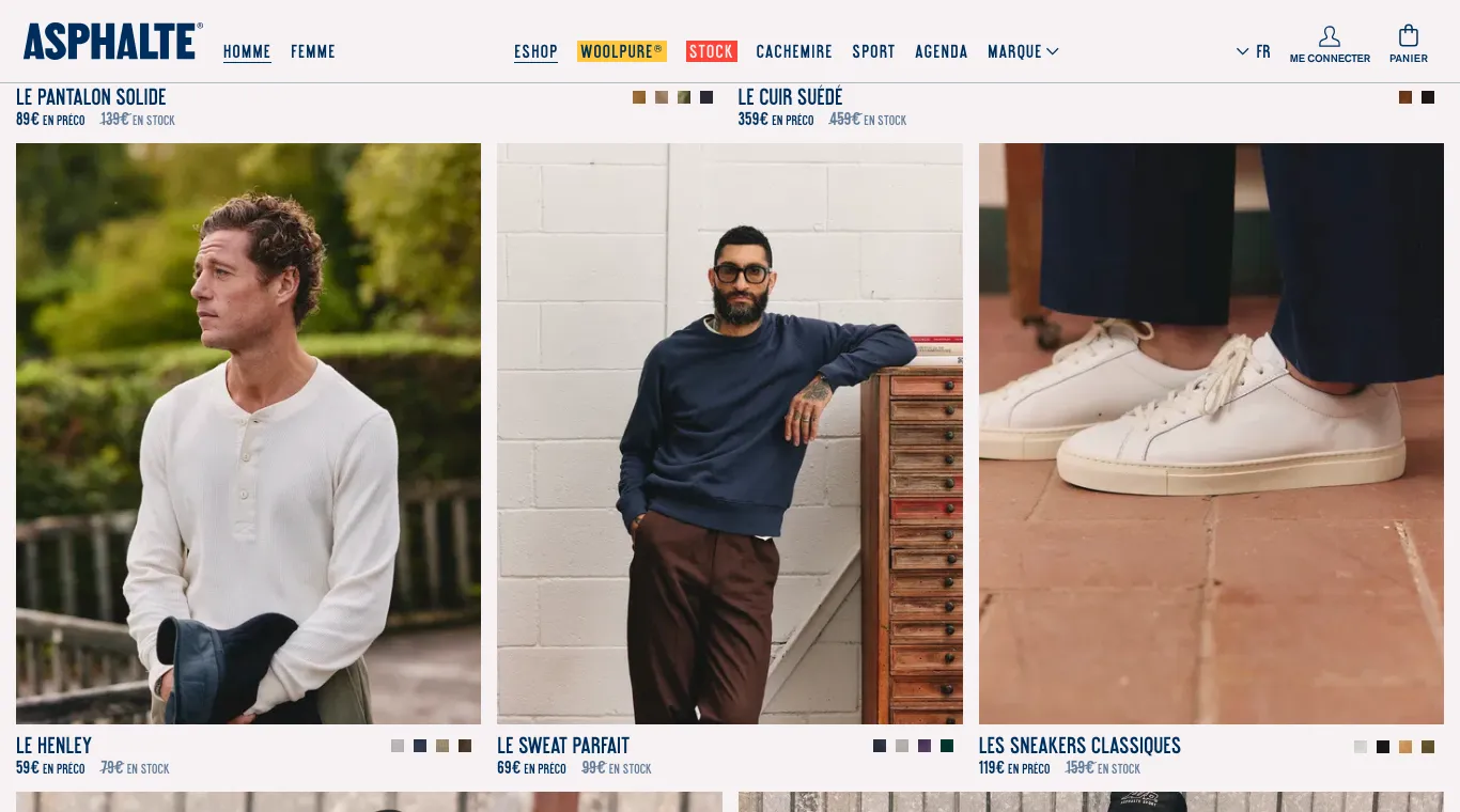 Eshop Asphalte avec des vêtements affichés au prix de précommande et au prix en stock barré