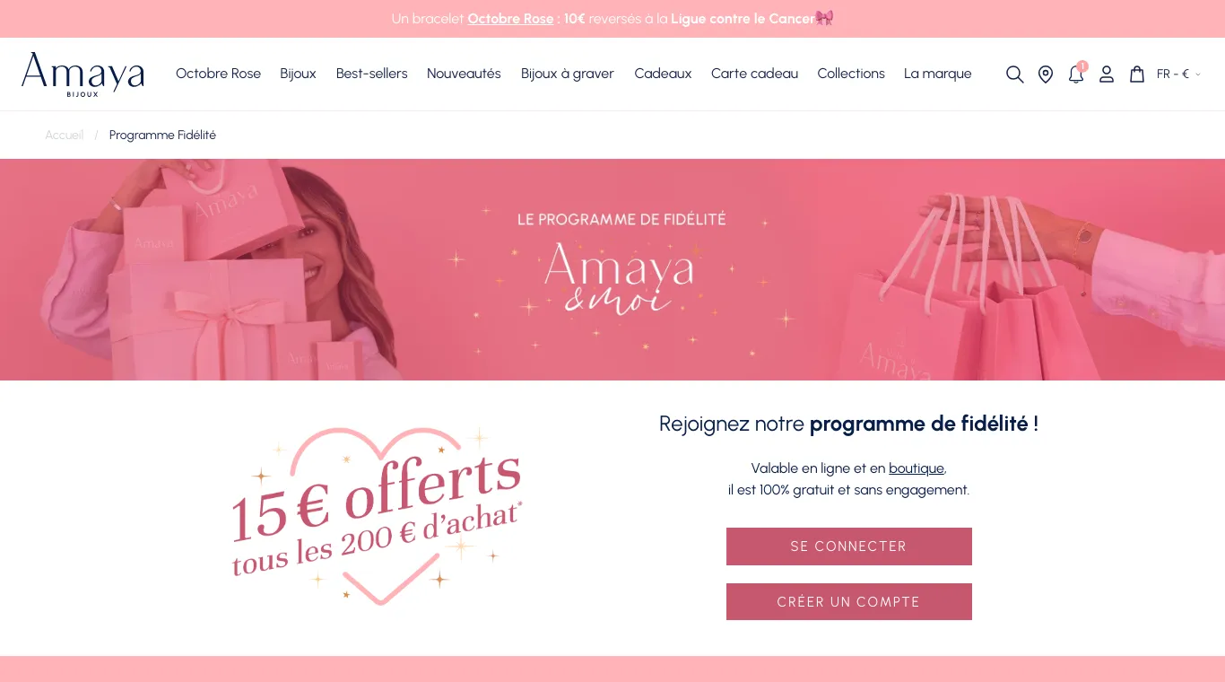 Page Programme de fidélité Amaya & Moi : 15 € offerts tous les 200 € d'achat, boutons Se connecter et Créer un compte.