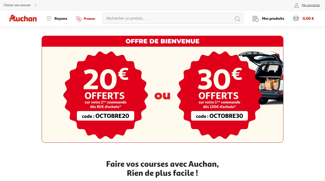 Page Courses d'Auchan avec l'offre de bienvenue : 20 € dès 80 € avec OCTOBRE20 ou 30 € dès 150 € avec OCTOBRE30 sur la première commande.