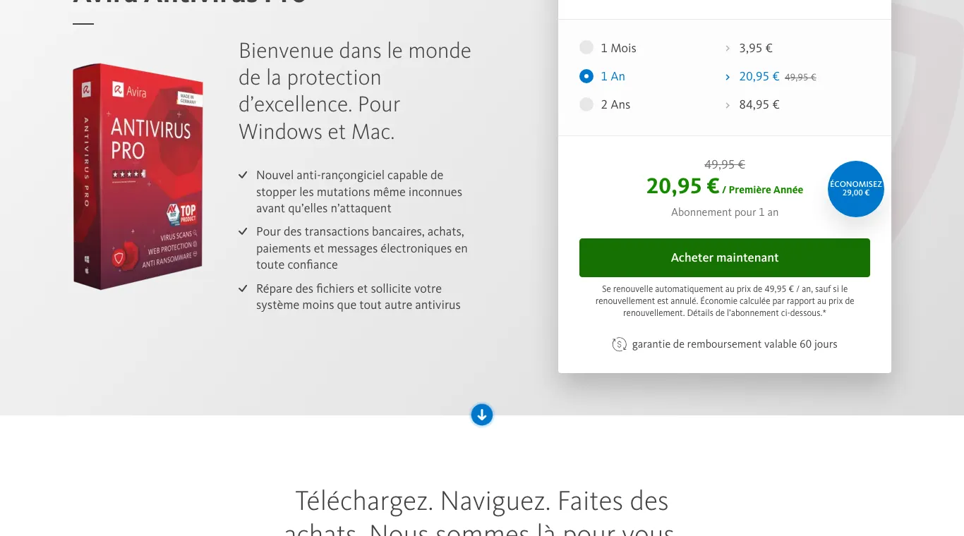 Encart d'achat d'Avira Antivirus Pro : formule 1 an sélectionnée à 20,95 € la 1re année au lieu de 49,95 €