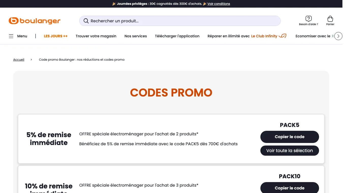 Page Codes promo de Boulanger avec les cartes PACK5 et PACK10 et leur bouton Copier le code