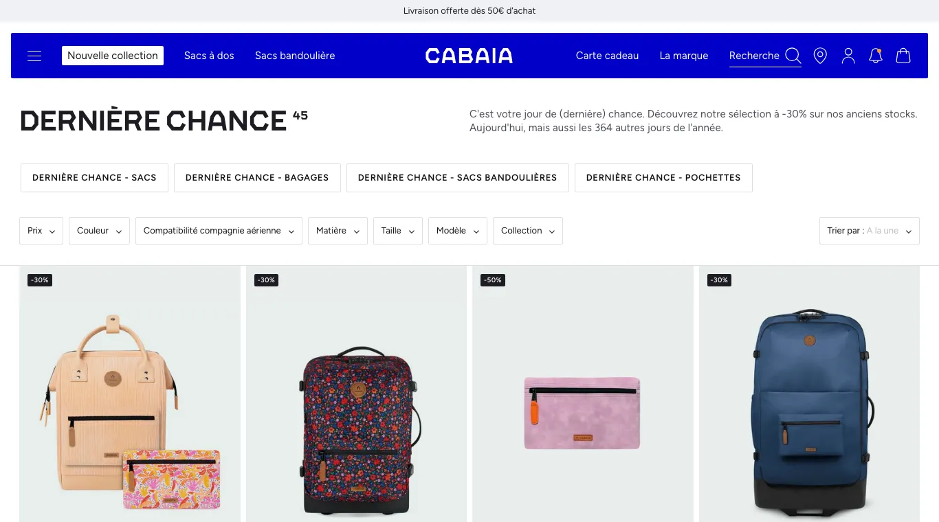 Page « Dernière chance » de Cabaïa : sacs et bagages des anciennes collections affichés à −30 % et −50 %
