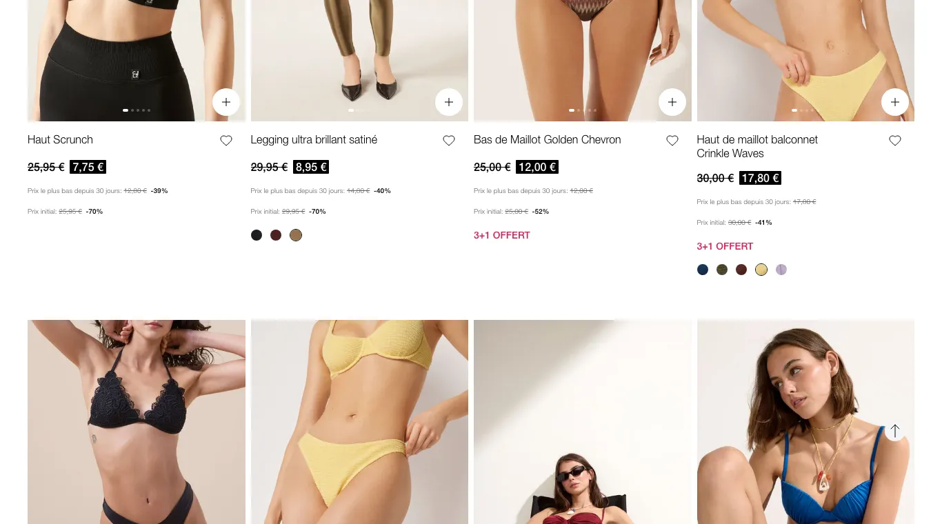 Page Petits Prix de Calzedonia avec des articles à prix barrés et des remises de 70 % sur le prix initial