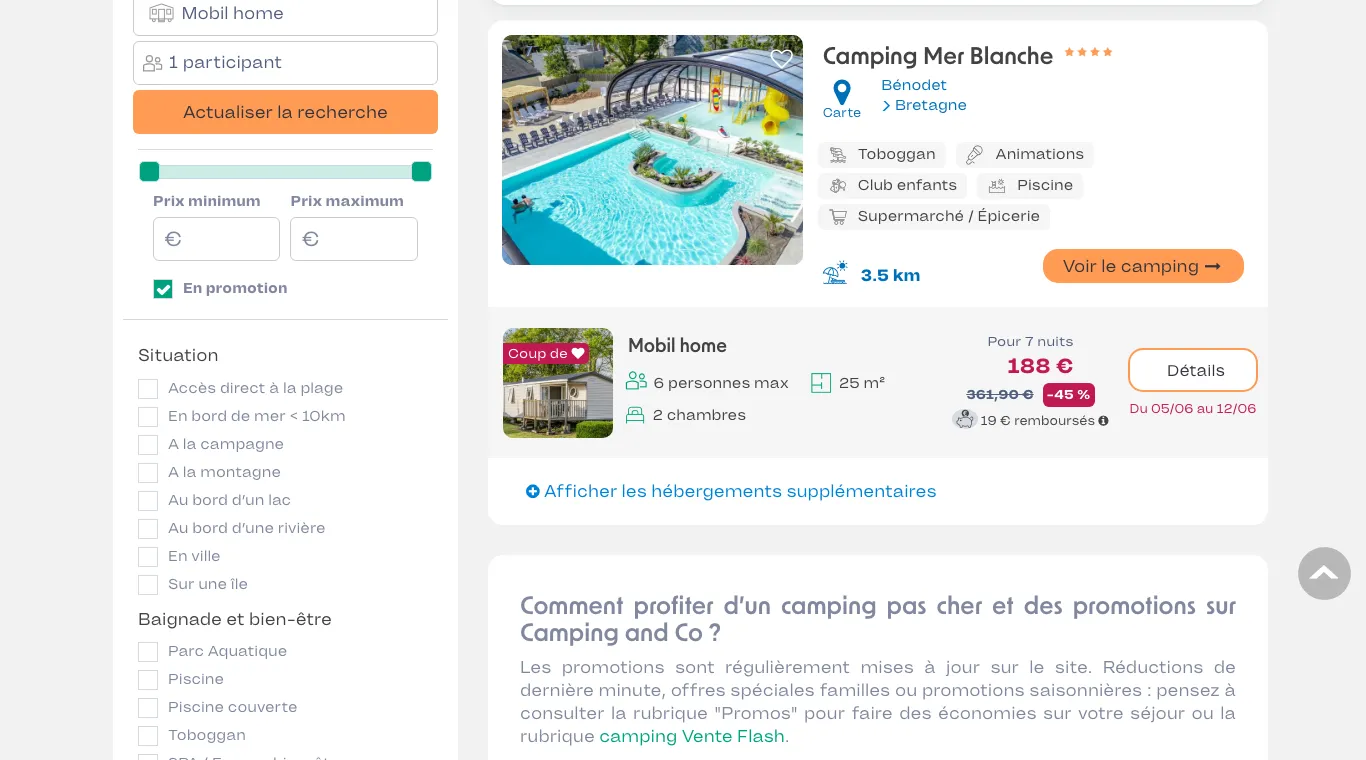 Page Campings en promotion de Camping and Co avec un mobil-home à 188 € au lieu de 361,90 € (−45 %)