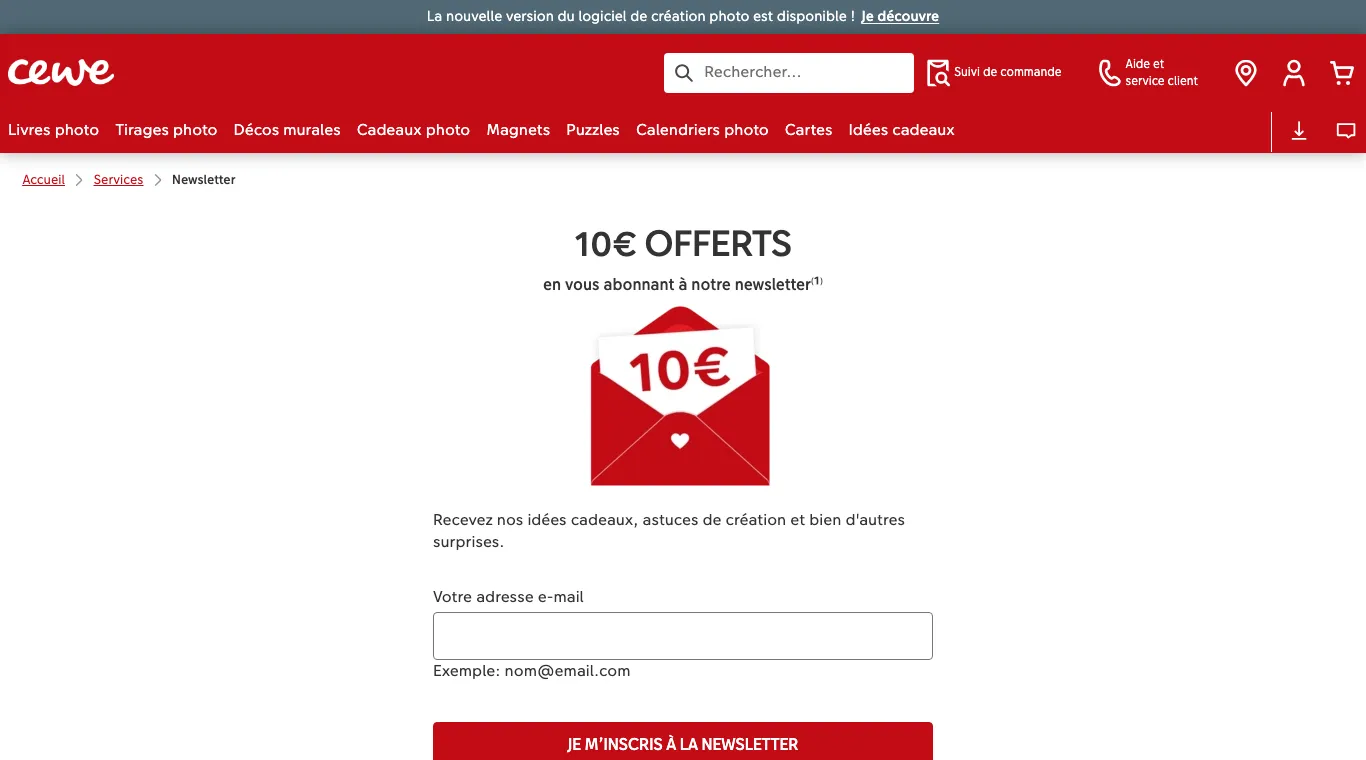 Page newsletter CEWE annonçant 10 € offerts avec un formulaire d'inscription par e-mail