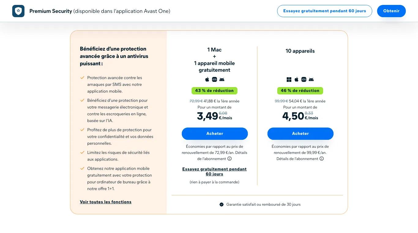 Grille Avast Premium Security : 10 appareils à 54,04 € la 1re année au lieu de 99,99 €, 1 Mac et 1 mobile à 41,88 €