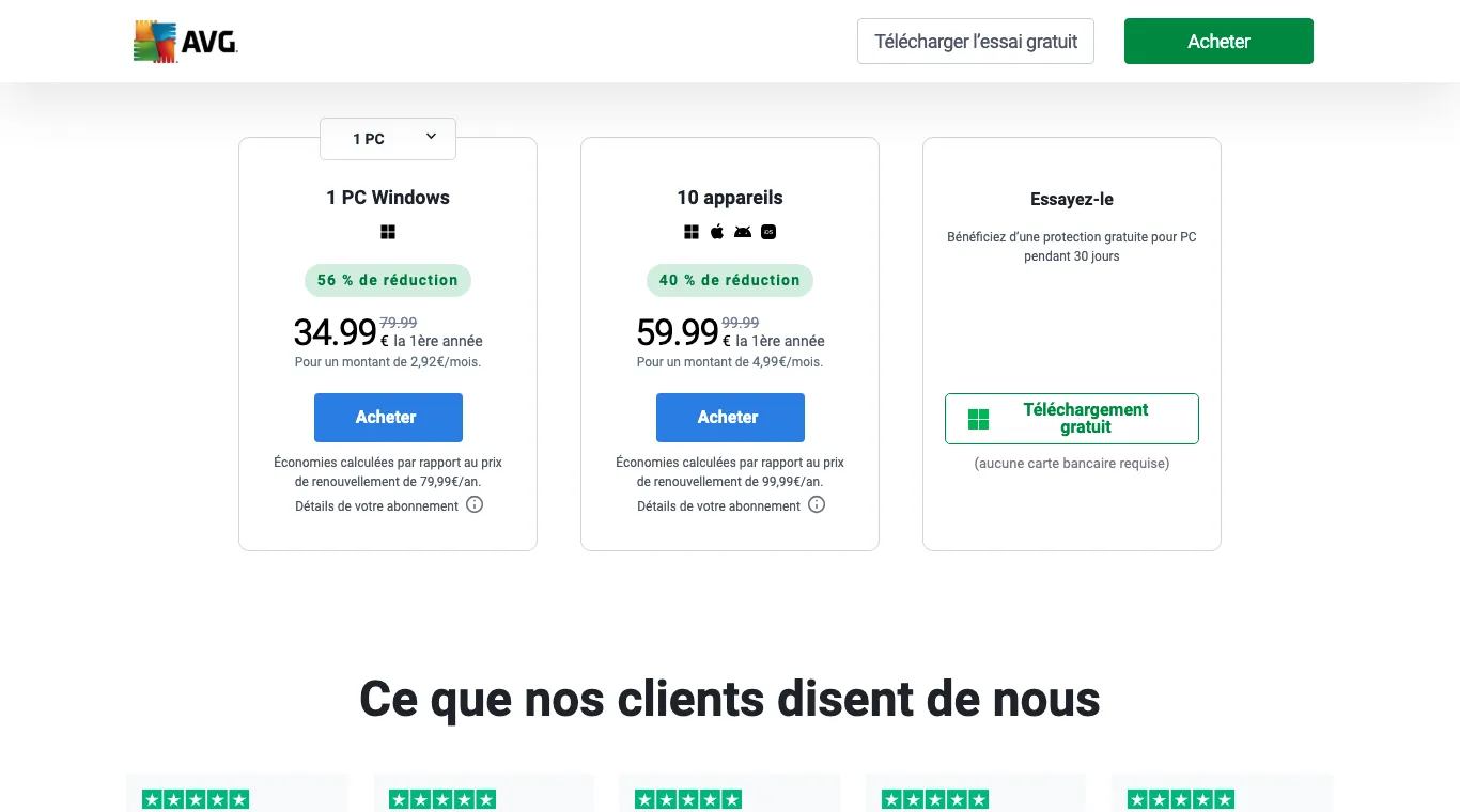 Grille AVG Internet Security : 10 appareils à 59,99 € la 1re année au lieu de 99,99 €, 1 PC Windows à 34,99 €