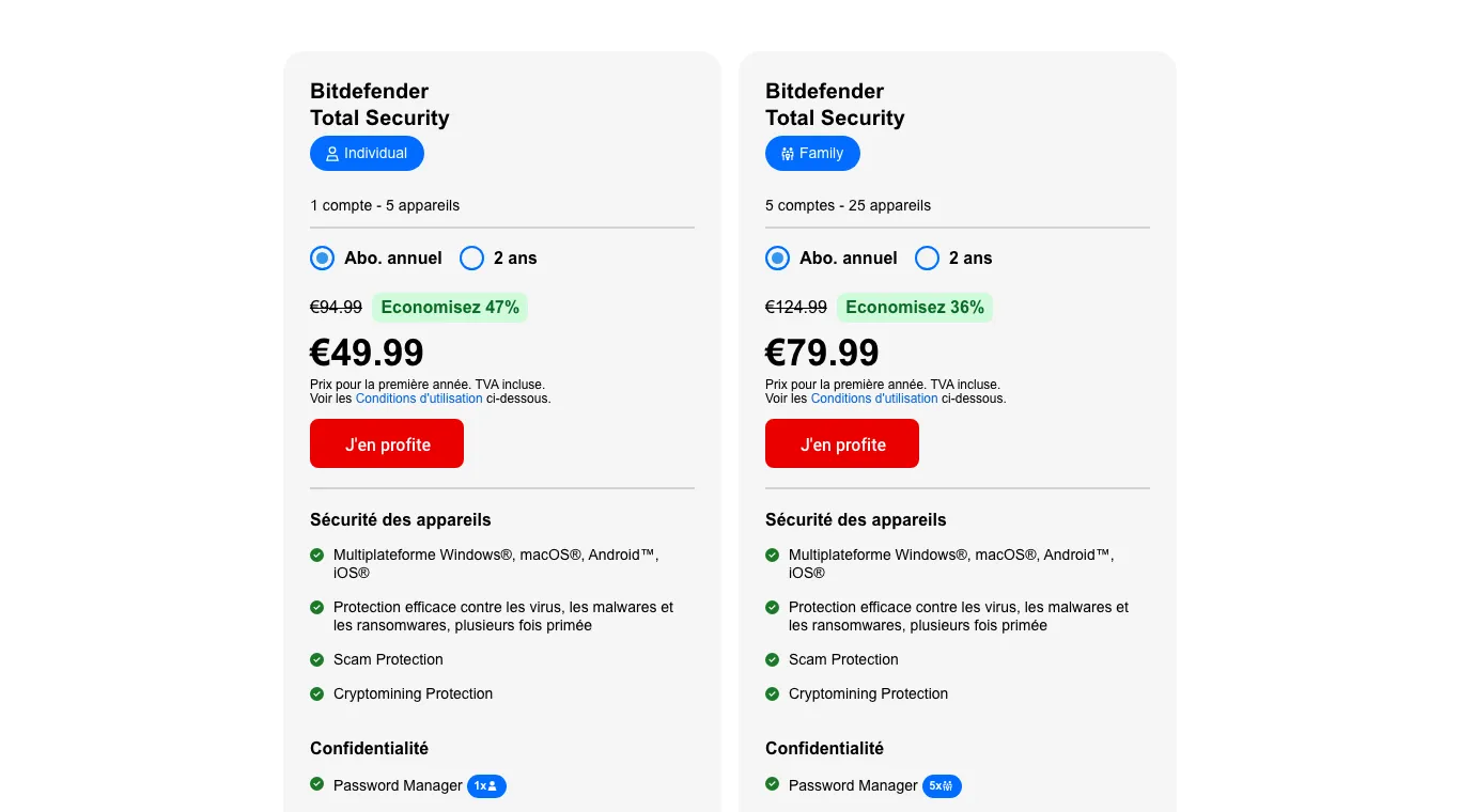 Carte Bitdefender Total Security Individual, 1 compte et 5 appareils, abonnement annuel coché : 49,99 € la 1re année au lieu de 94,99 €
