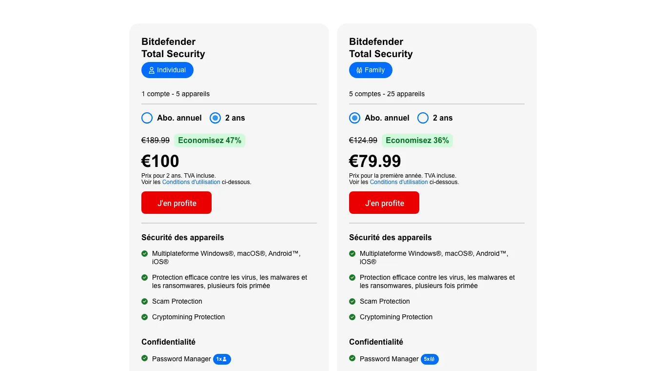 Carte Bitdefender Total Security Individual, 1 compte et 5 appareils, option 2 ans cochée : 100 € pour 2 ans au lieu de 189,99 €