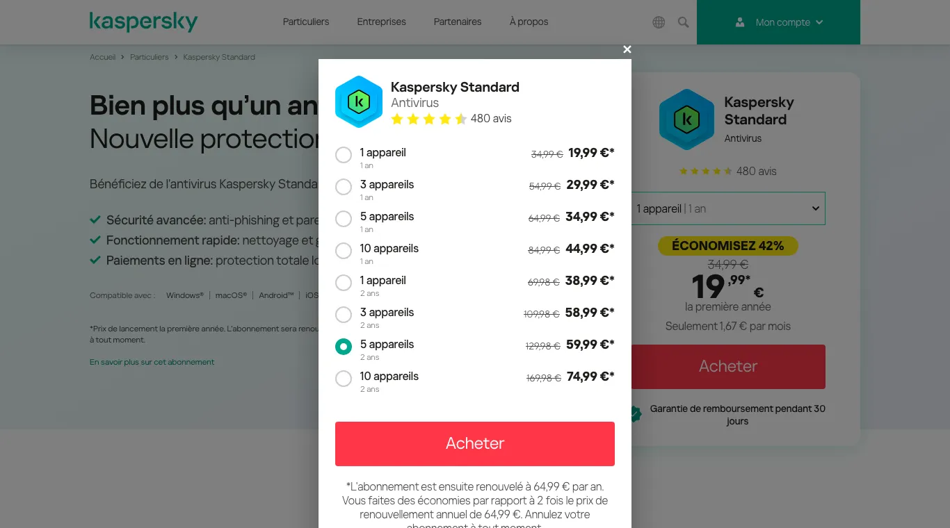 Fenêtre de choix de formule de Kaspersky Standard : 5 appareils pour 2 ans sélectionné à 59,99 € au lieu de 129,98 €, 5 appareils pour 1 an à 34,99 €