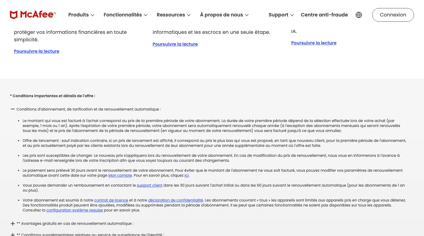 Conditions d'abonnement de McAfee Total Protection dépliées : renouvellement automatique chaque année au prix en vigueur, paiement prélevé 30 jours avant le renouvellement, remboursement sous 30 jours après l'achat ou 60 jours après un renouvellement