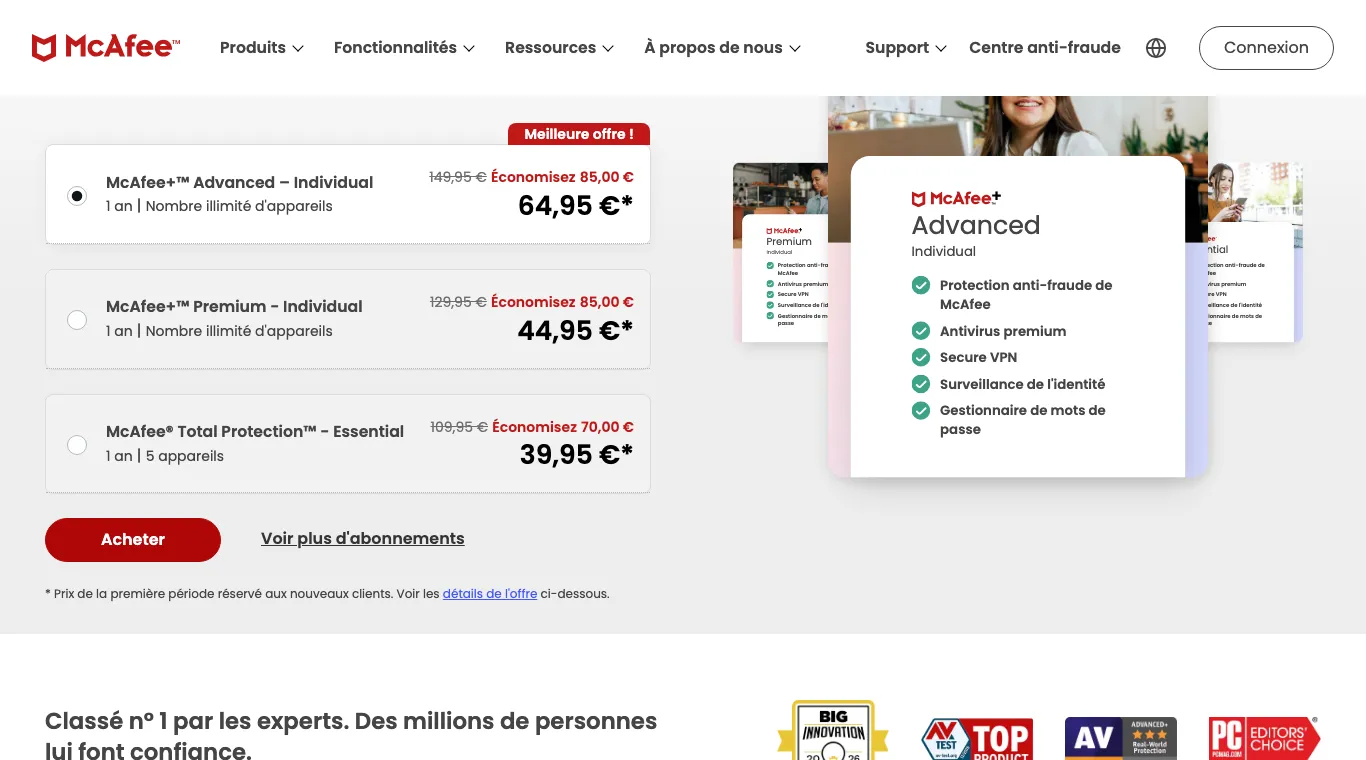 Sélecteur de formules McAfee : Total Protection Essential, 1 an et 5 appareils, à 39,95 € au lieu de 109,95 €