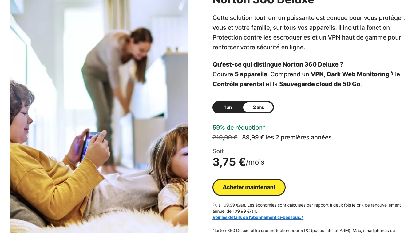 Page Norton 360 Deluxe, durée 2 ans sélectionnée : 89,99 € les 2 premières années au lieu de 219,99 €, puis 109,99 € par an