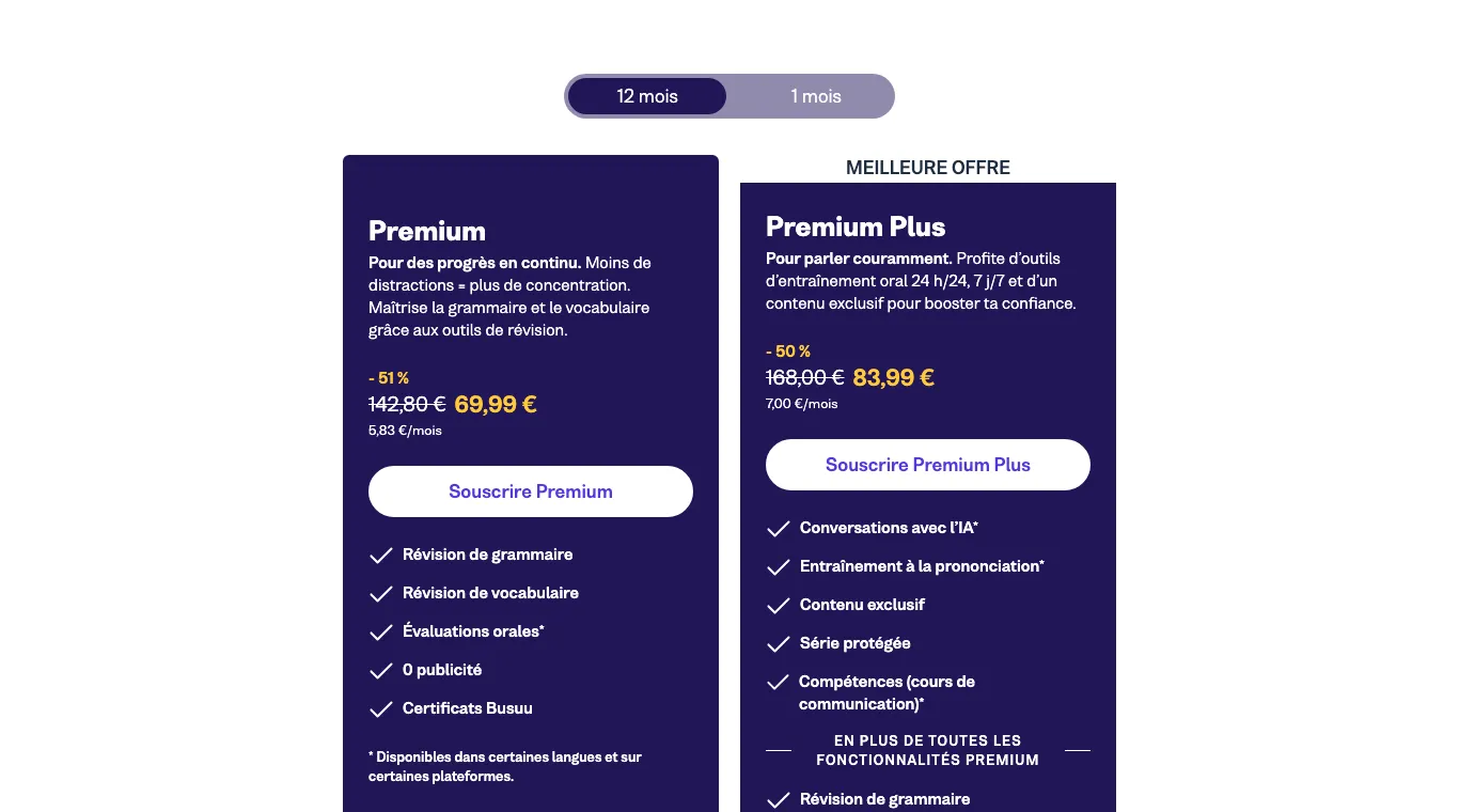 Page des formules Busuu, onglet 12 mois : Premium à 69,99 € au lieu de 142,80 € (−51 %, 5,83 € par mois), Premium Plus à 83,99 € au lieu de 168 € (−50 %, 7 € par mois)