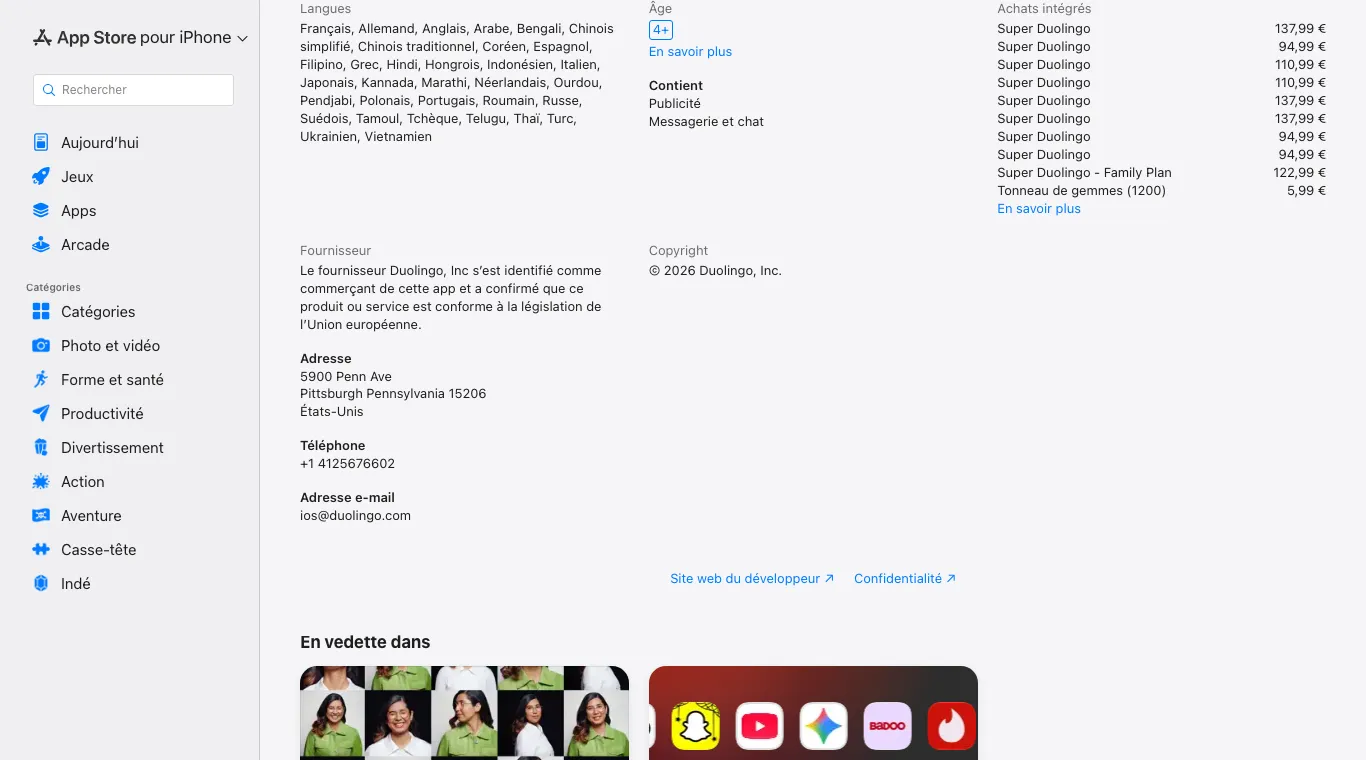 Fiche App Store de Duolingo, liste des achats intégrés : Super Duolingo à 137,99 €, 94,99 € et 110,99 €, Super Duolingo Family Plan à 122,99 €