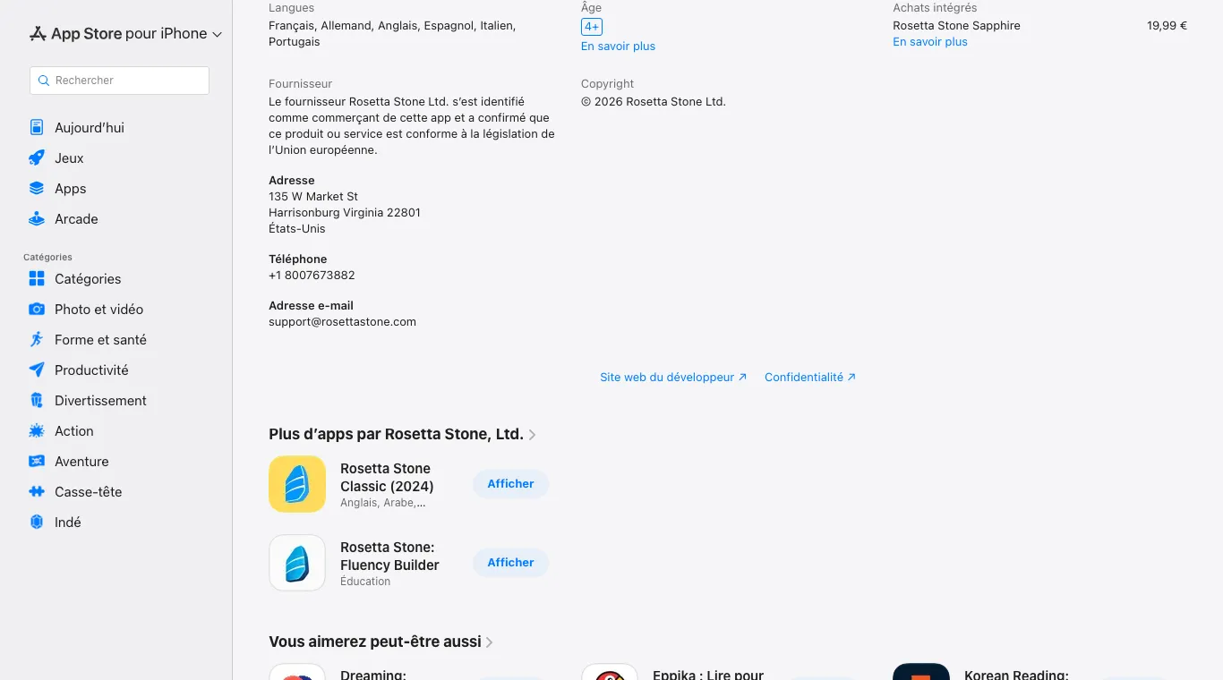 Fiche App Store de Rosetta Stone Sapphire, colonne Achats intégrés : Rosetta Stone Sapphire à 19,99 €