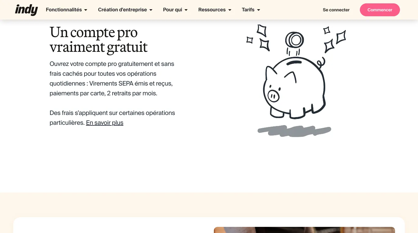 Page compte pro d'Indy : « Un compte pro vraiment gratuit », virements SEPA émis et reçus, paiements par carte, 2 retraits par mois