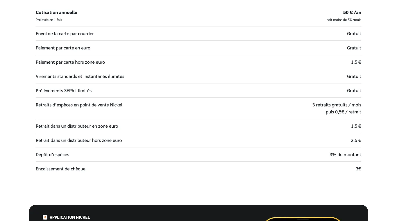 Grille du compte Nickel Pro : cotisation annuelle de 50 €, virements illimités gratuits, dépôt d'espèces à 3 % et encaissement de chèque à 3 €