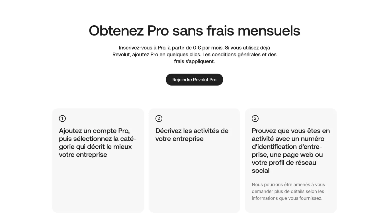 Page Revolut Pro : « Obtenez Pro sans frais mensuels », inscription à partir de 0 € par mois en trois étapes