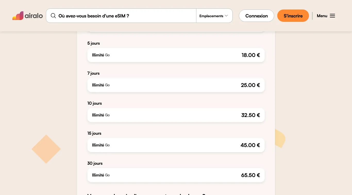Forfaits illimités Europe d'Airalo : 5 jours 18 €, 7 jours 25 €, 10 jours 32,50 €, 15 jours 45 €, 30 jours 65,50 €