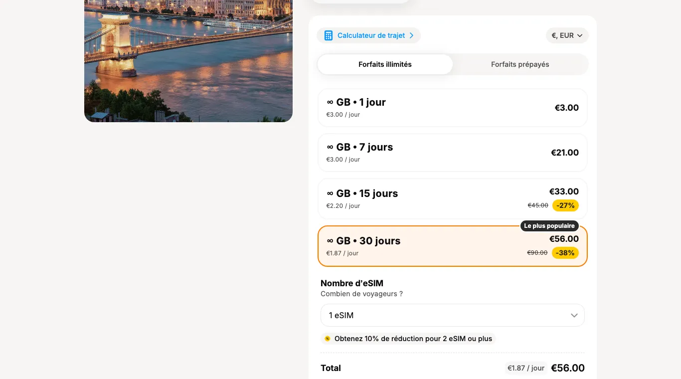 Grille des forfaits illimités Europe de Yesim, en euros : 1 jour 3 €, 7 jours 21 €, 15 jours 33 € au lieu de 45 €, 30 jours 56 € au lieu de 90 €