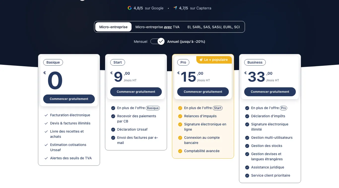 Page du logiciel de facturation d'Abby : plan Basique à 0 € avec facturation électronique, devis et factures illimités, livre des recettes