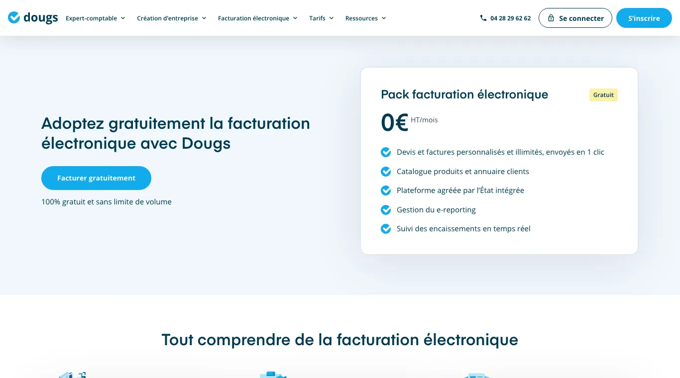 Page facturation gratuite de Dougs : Pack facturation électronique à 0 € HT par mois, 100 % gratuit et sans limite de volume