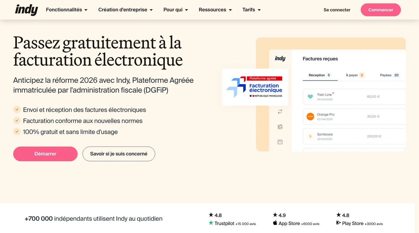 Page facturation électronique d'Indy : « Passez gratuitement à la facturation électronique », 100 % gratuit et sans limite d'usage