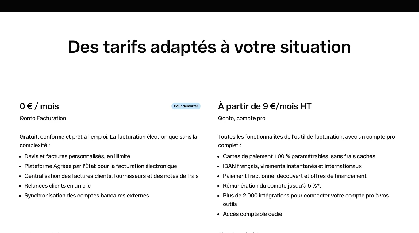 Page facturation gratuite de Qonto : Qonto Facturation à 0 € par mois, compte pro à partir de 9 € HT par mois