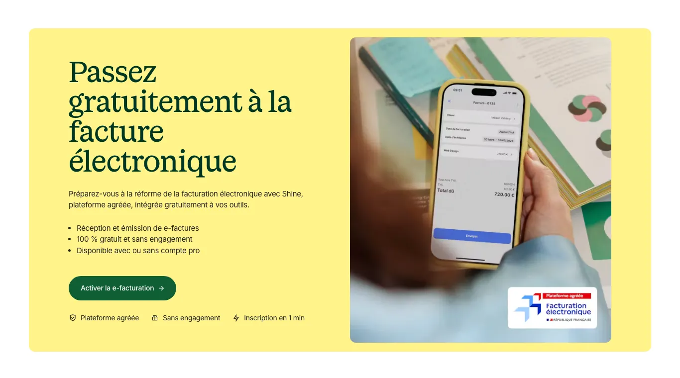 Page facturation électronique de Shine : réception et émission de e-factures, 100 % gratuit, disponible avec ou sans compte pro