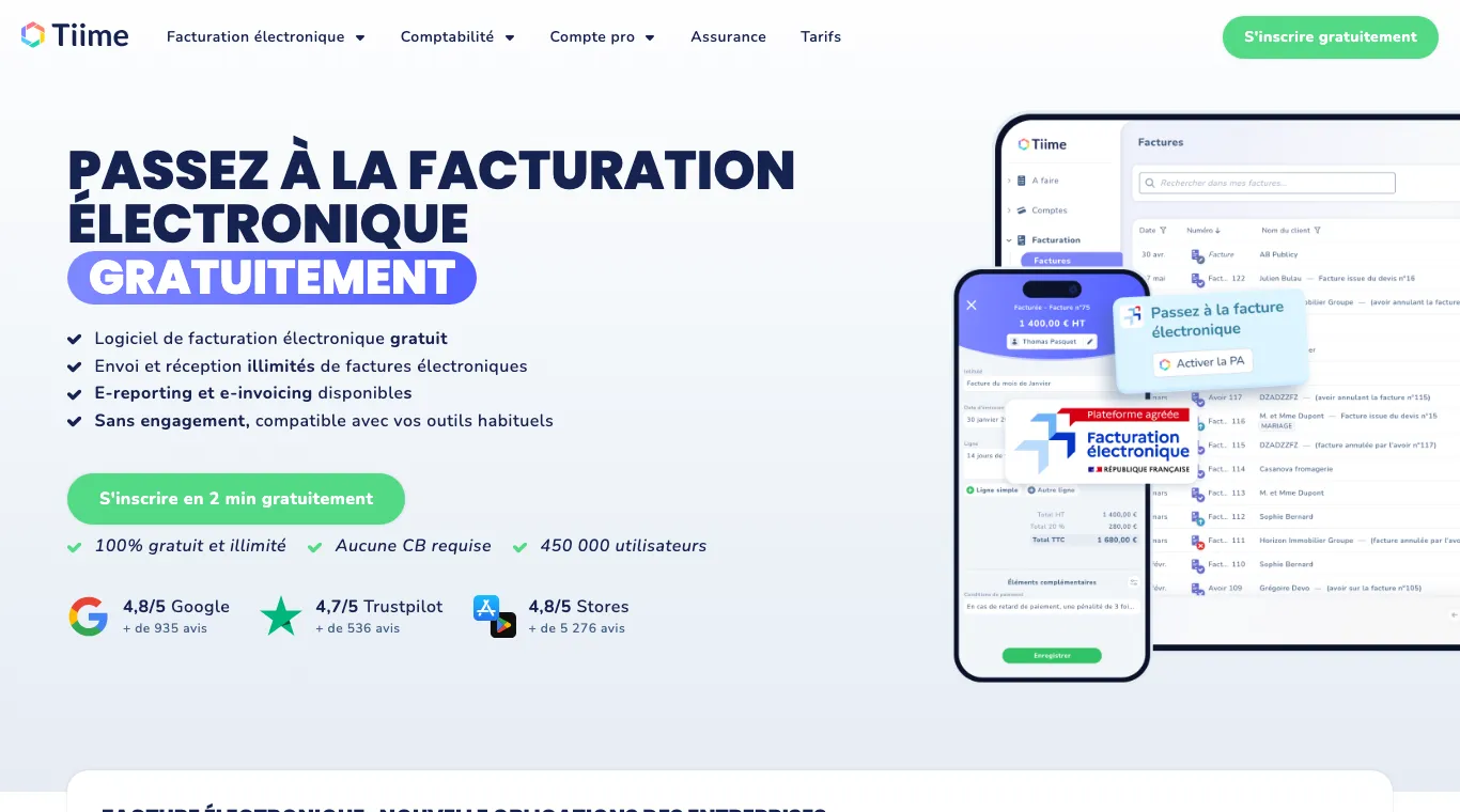 Page facturation électronique de Tiime : « Passez à la facturation électronique gratuitement », 100 % gratuit et illimité, aucune CB requise