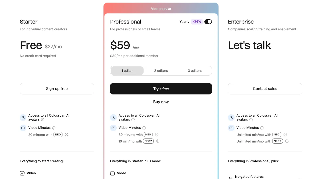 Page tarifs de Colossyan : Starter gratuit au lieu de 27 $ par mois, Professional 59 $ par mois en paiement annuel à −34 %, Enterprise sur devis