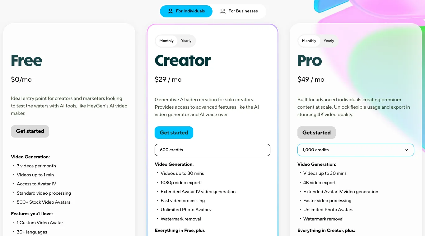 Page tarifs de HeyGen pour les particuliers : Free 0 $ par mois, Creator 29 $ par mois avec 600 crédits, Pro 49 $ par mois avec 1 000 crédits