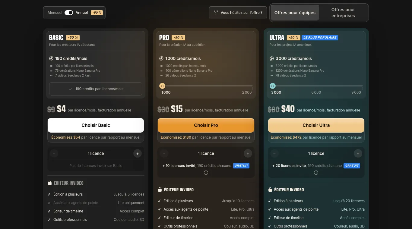 Page tarifs d'InVideo en paiement annuel à −50 % : Basic 4 $ au lieu de 9 $, Pro 15 $ au lieu de 30 $, Ultra 40 $ au lieu de 80 $ par licence et par mois