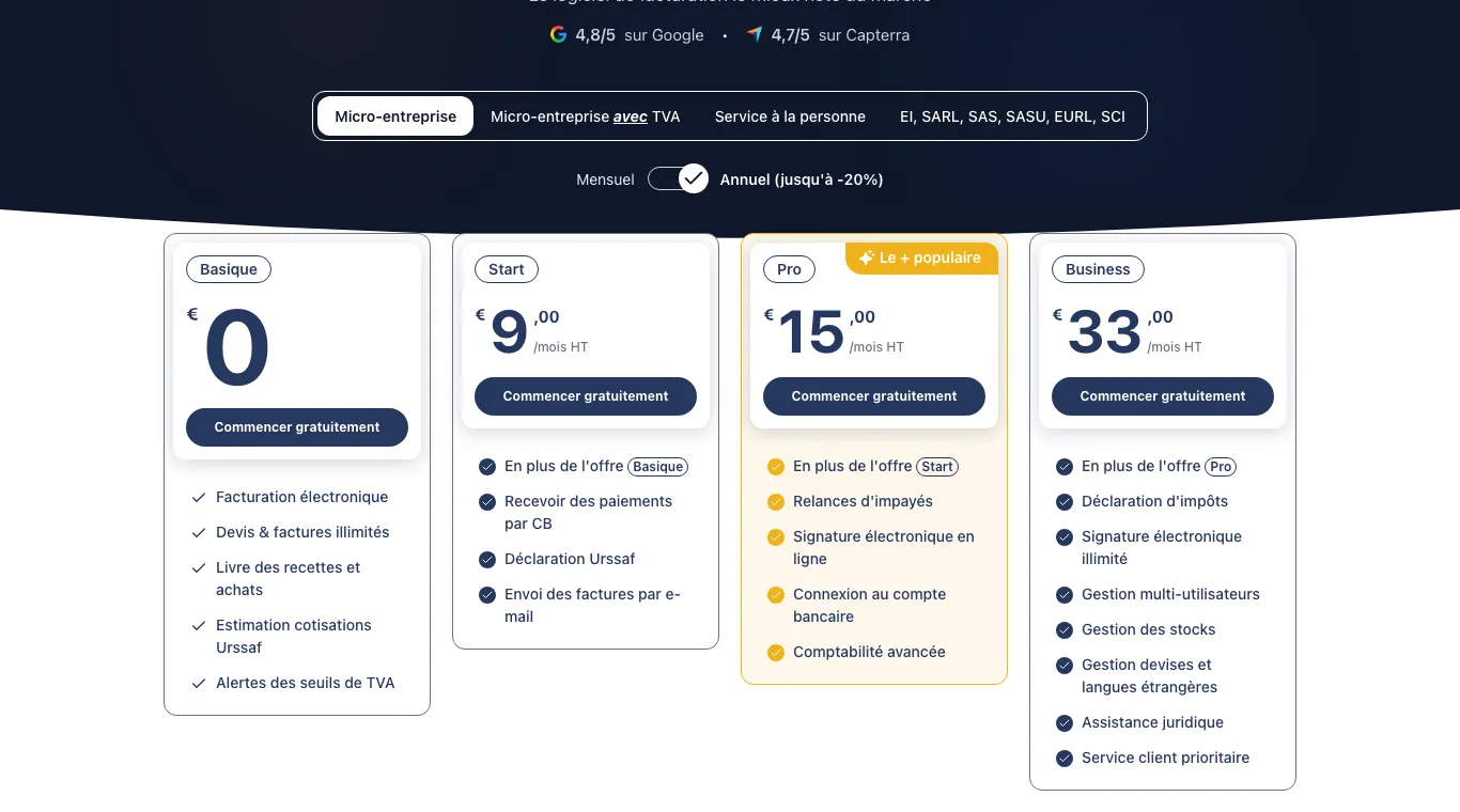 Page tarifs d'Abby, micro-entreprise en annuel : Basique à 0 €, Start à 9 €, Pro à 15 € et Business à 33 € HT par mois