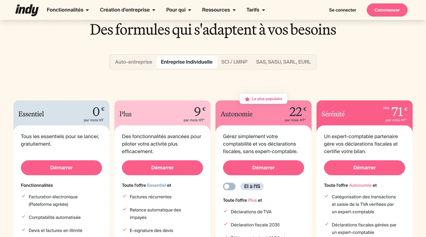 Page tarifs d'Indy, onglet Entreprise individuelle : Essentiel à 0 €, Plus à 9 €, Autonomie à 22 € et Sérénité dès 71 € HT par mois, avec la déclaration fiscale 2035 dans Autonomie