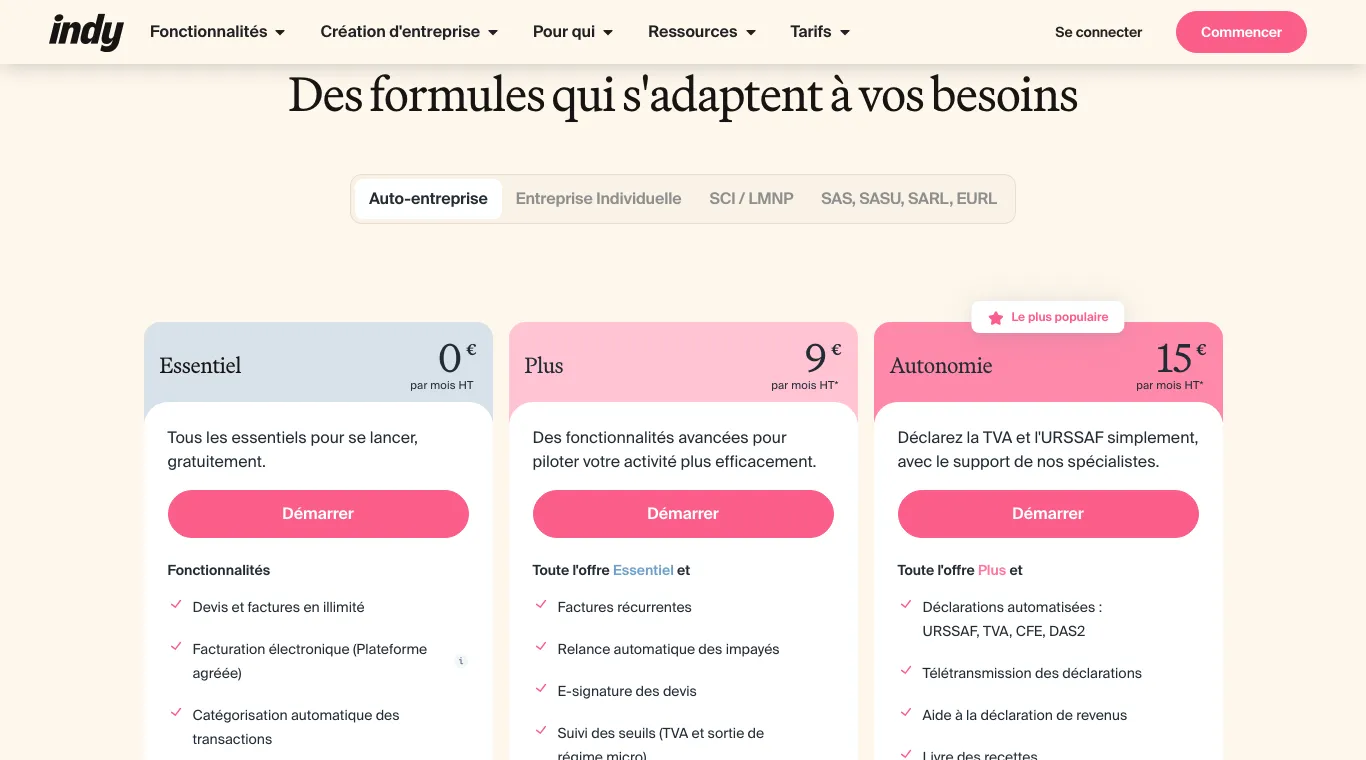 Page tarifs d'Indy, onglet Auto-entreprise : Essentiel à 0 €, Plus à 9 € et Autonomie à 15 € HT par mois