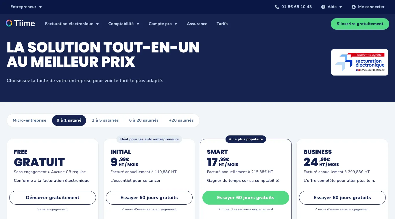 Page tarifs de Tiime, 0 à 1 salarié : Free gratuit, Initial à 9,99 €, Smart à 17,99 € et Business à 24,99 € HT par mois