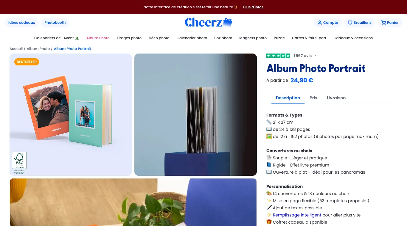Page de l'album photo portrait 21 × 27 cm de Cheerz avec son prix de départ de 24,90 €