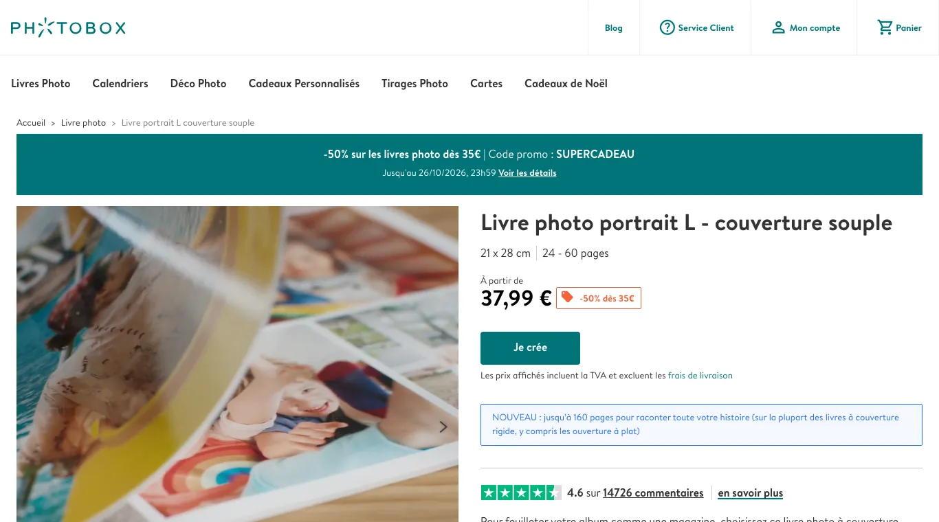 Fiche du livre photo portrait L couverture souple de Photobox : à partir de 37,99 €, bandeau −50 % sur les livres photo dès 35 € avec SUPERCADEAU