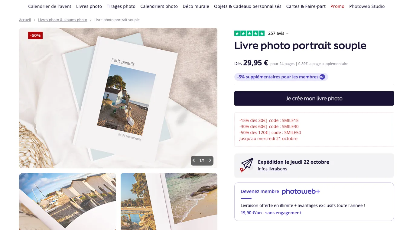 Fiche du livre photo portrait souple de Photoweb : dès 29,95 € pour 24 pages, 0,89 € la page supplémentaire, codes SMILE15, SMILE30 et SMILE50