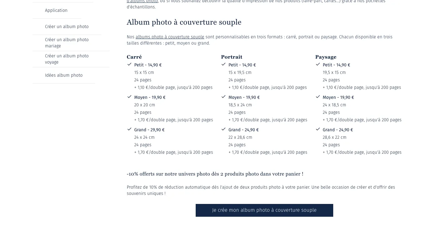 Grille des tarifs des albums photo souples de Rosemood pour 24 pages : petit 14,90 €, moyen 19,90 €, grand 24,90 € en portrait et en paysage, 29,90 € en grand carré